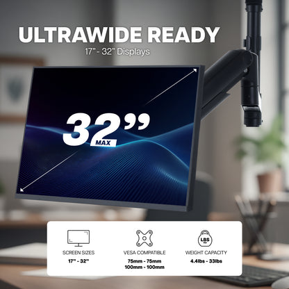 Pneumatic Arm Single Ultrawide Upside Down Monitor Mount - 17" to 32" Screens