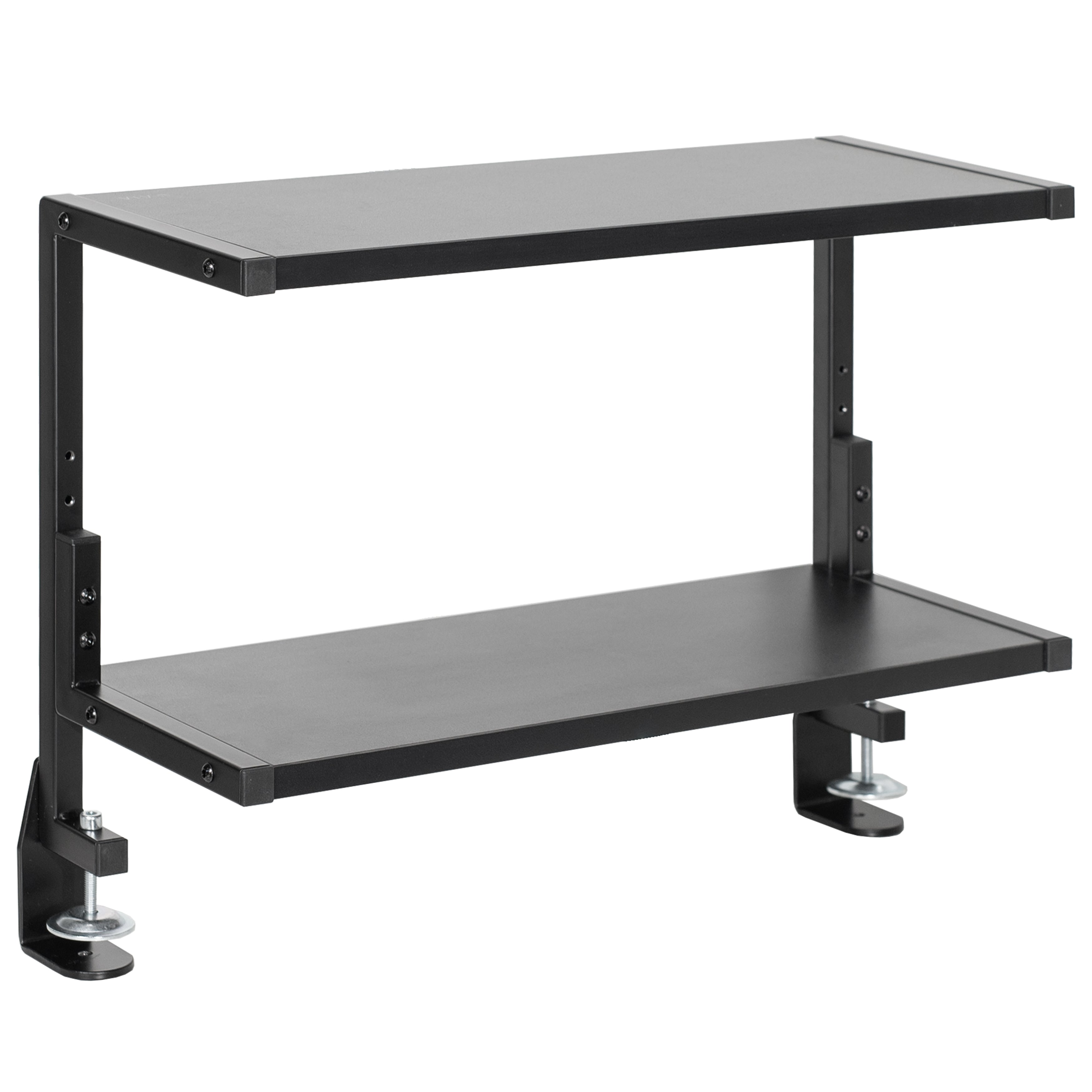 Wide spacious above desk or below desk clamp-on shelf with two shelves for convenient storage and organization. Lower shelf height adjusts.