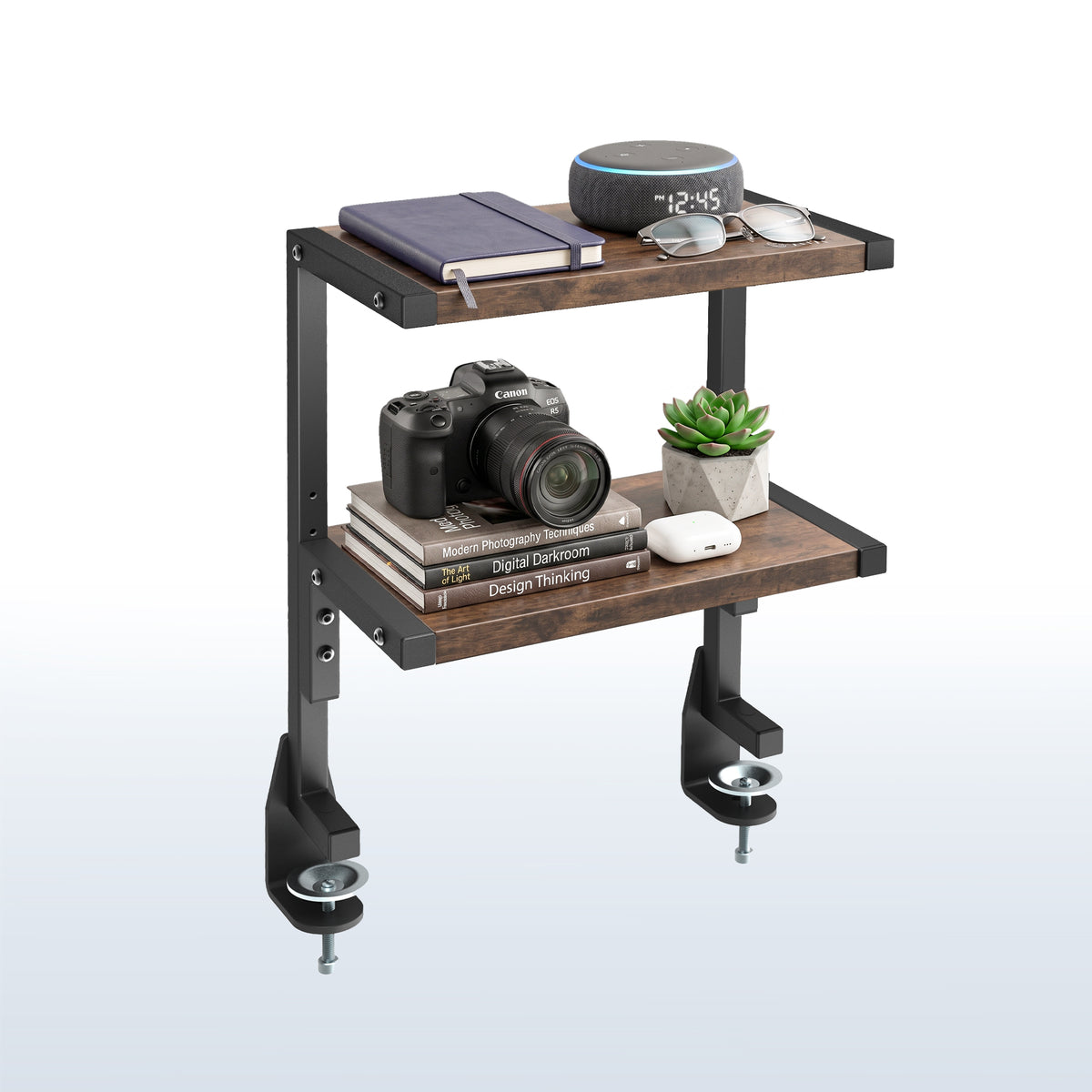Rustic vintage brown above desk or below desk clamp-on shelf with two shelves for convenient storage and organization. Lower shelf height adjusts and is removable.