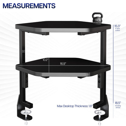 Black corner desk shelf with measurements on a white background