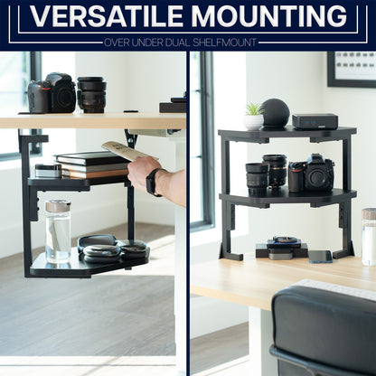 Versatile mounting shelf system for above desk or below desk