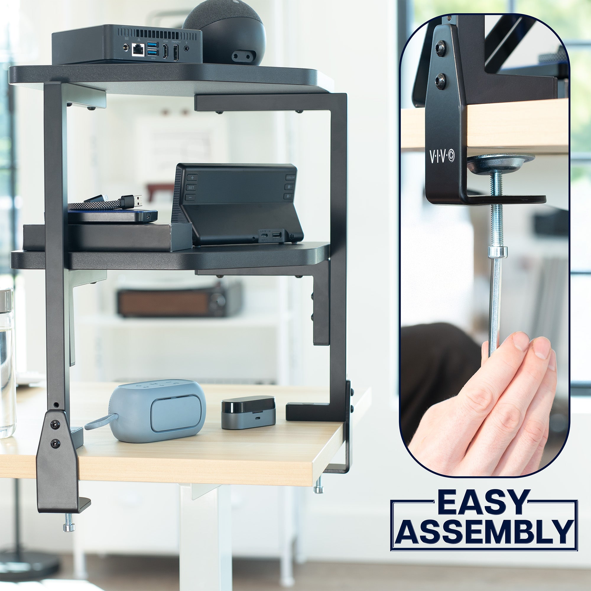 Multi-level desk shelf with electronic devices and a close-up of assembly hardware