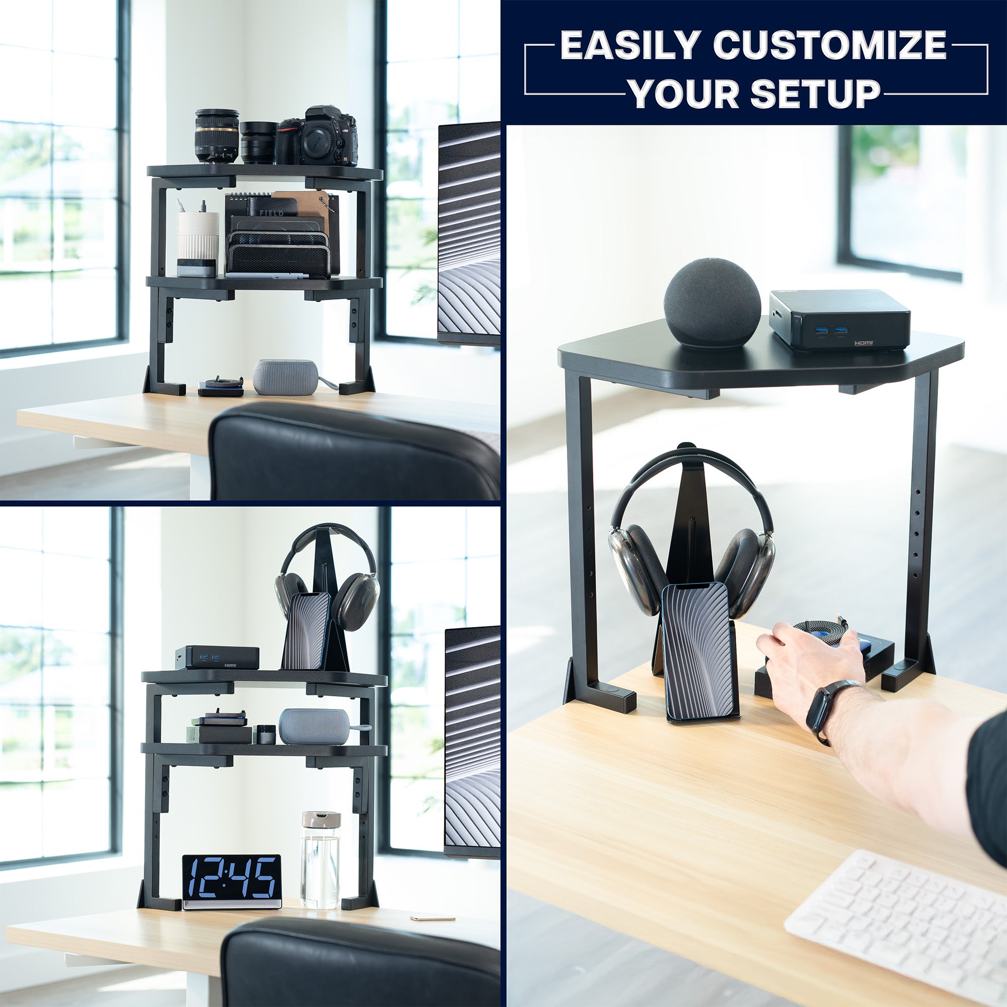 Collage of a desk shelf setup with a camera, speakers, and a clock, emphasizing customization.