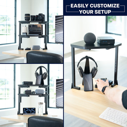 Collage of a desk shelf setup with a camera, speakers, and a clock, emphasizing customization.