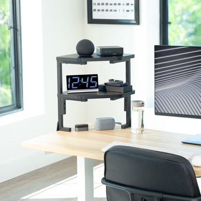 Modern office setup with a desk, chair, and shelves.