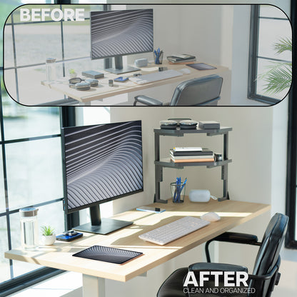 Before and after comparison of a home office setup with a clean and organized desk.