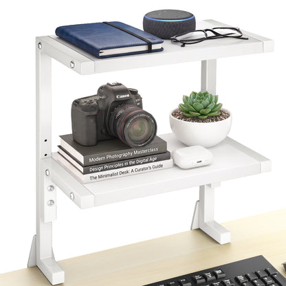 Sleek above desk or below desk clamp-on shelf with two shelves for convenient storage and organization. Lower shelf height adjusts and is removable.