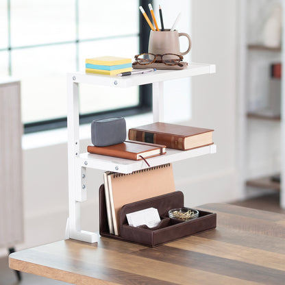 Sleek above desk or below desk clamp-on shelf with two shelves for convenient storage and organization. Lower shelf height adjusts and is removable.