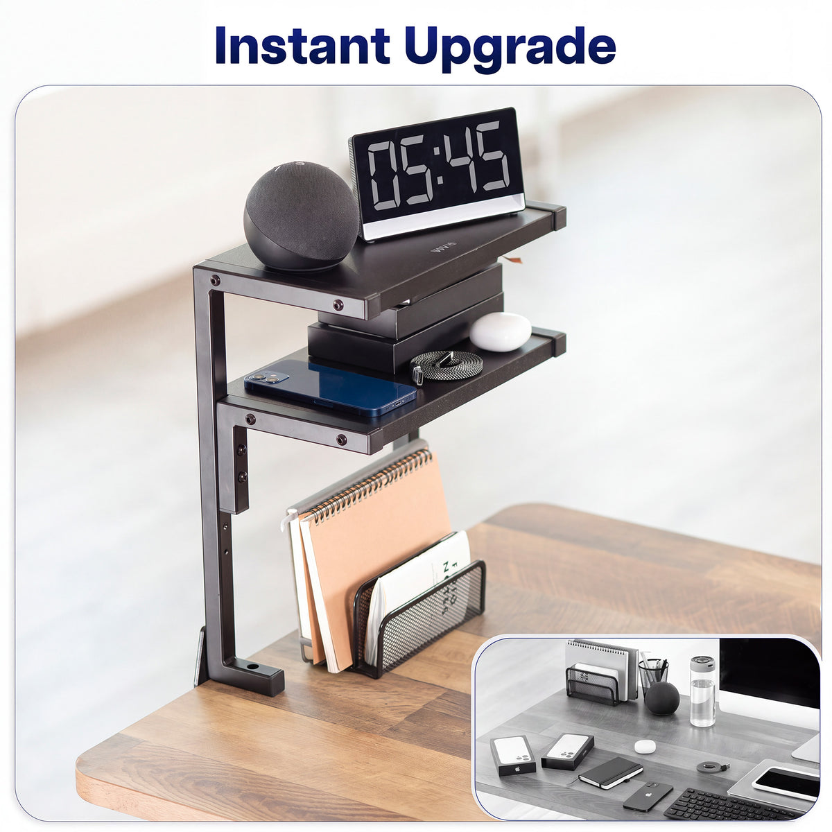 Above/Below Clamp-on Dual Shelf shown on a desk with accessories and decor neatly organized
