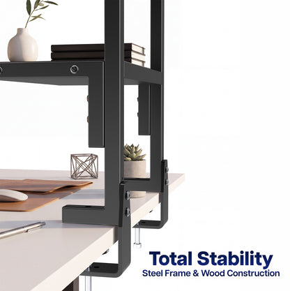 Above/Below Clamp-on Dual Shelf with text stating "Total Stability" "steel frame and wood construction"