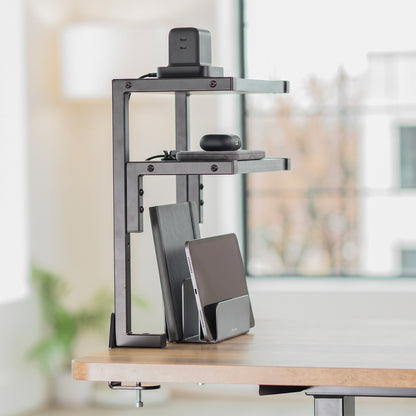 Organized dual-level display shelf shown in workspace 