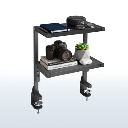 Sleek above desk or below desk clamp-on shelf with two shelves for convenient storage and organization. Lower shelf height adjusts and is removable.