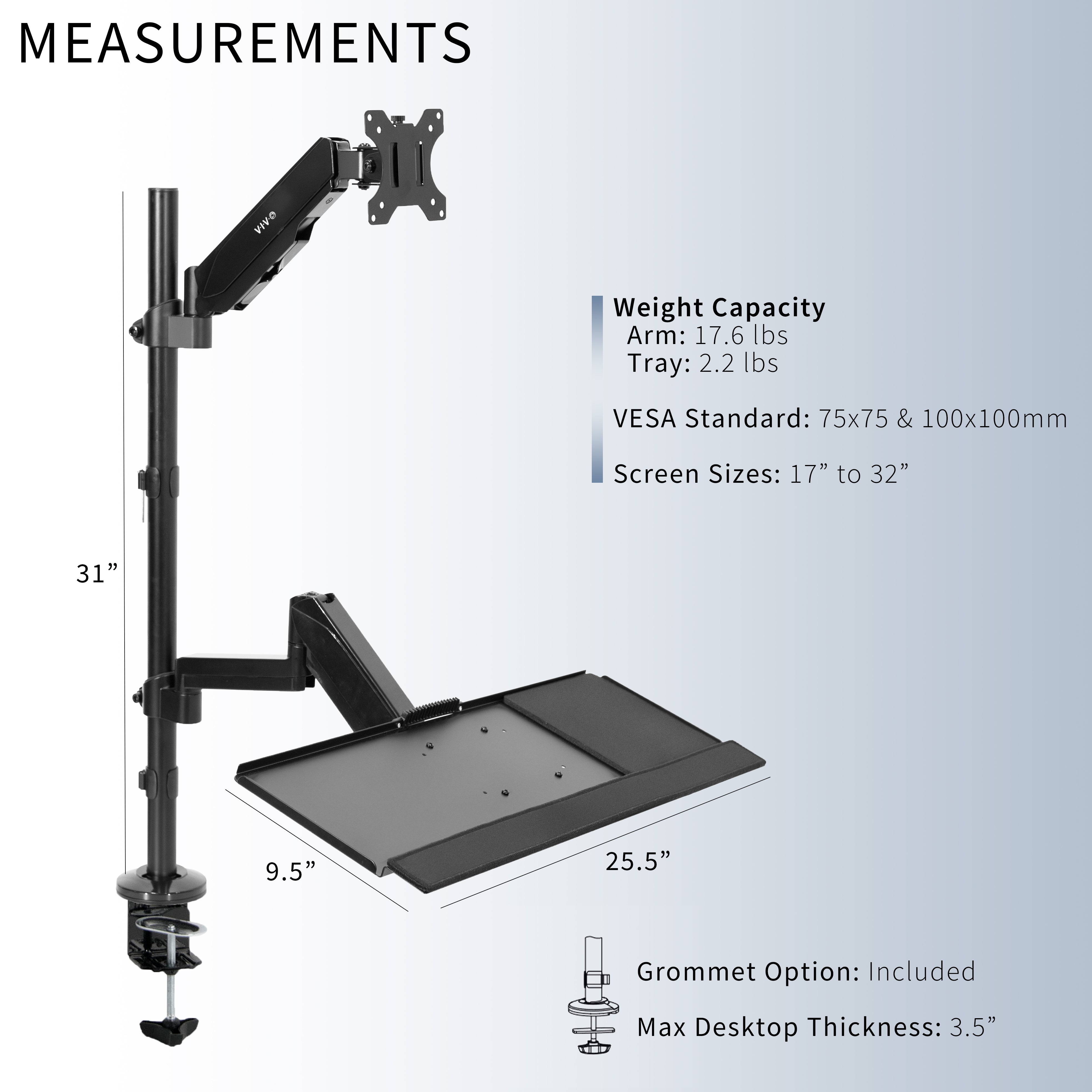 Clamp-on monitor mount and keyboard tray with height adjustment and articulation.