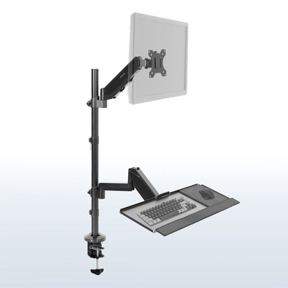 Clamp-on monitor mount and keyboard tray with height adjustment and articulation.