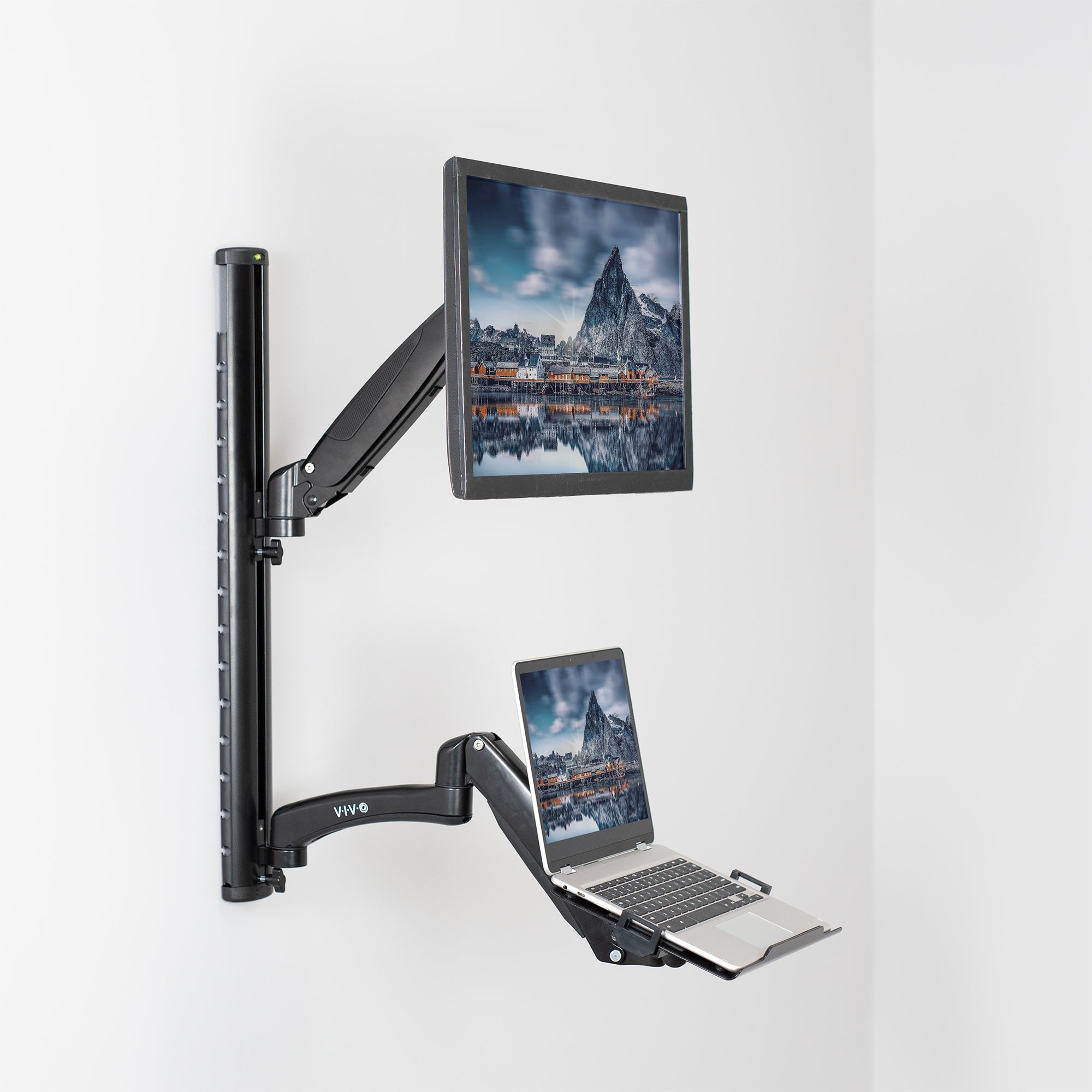 Sit-Stand Wall Mount Counterbalance Height Adjustable Monitor and Laptop Workstation for Screens up to 27 inches