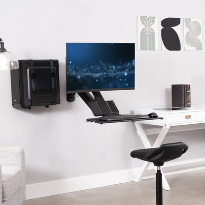 Sturdy ergonomic single monitor sit to stand wall mount workstation with keyboard tray.