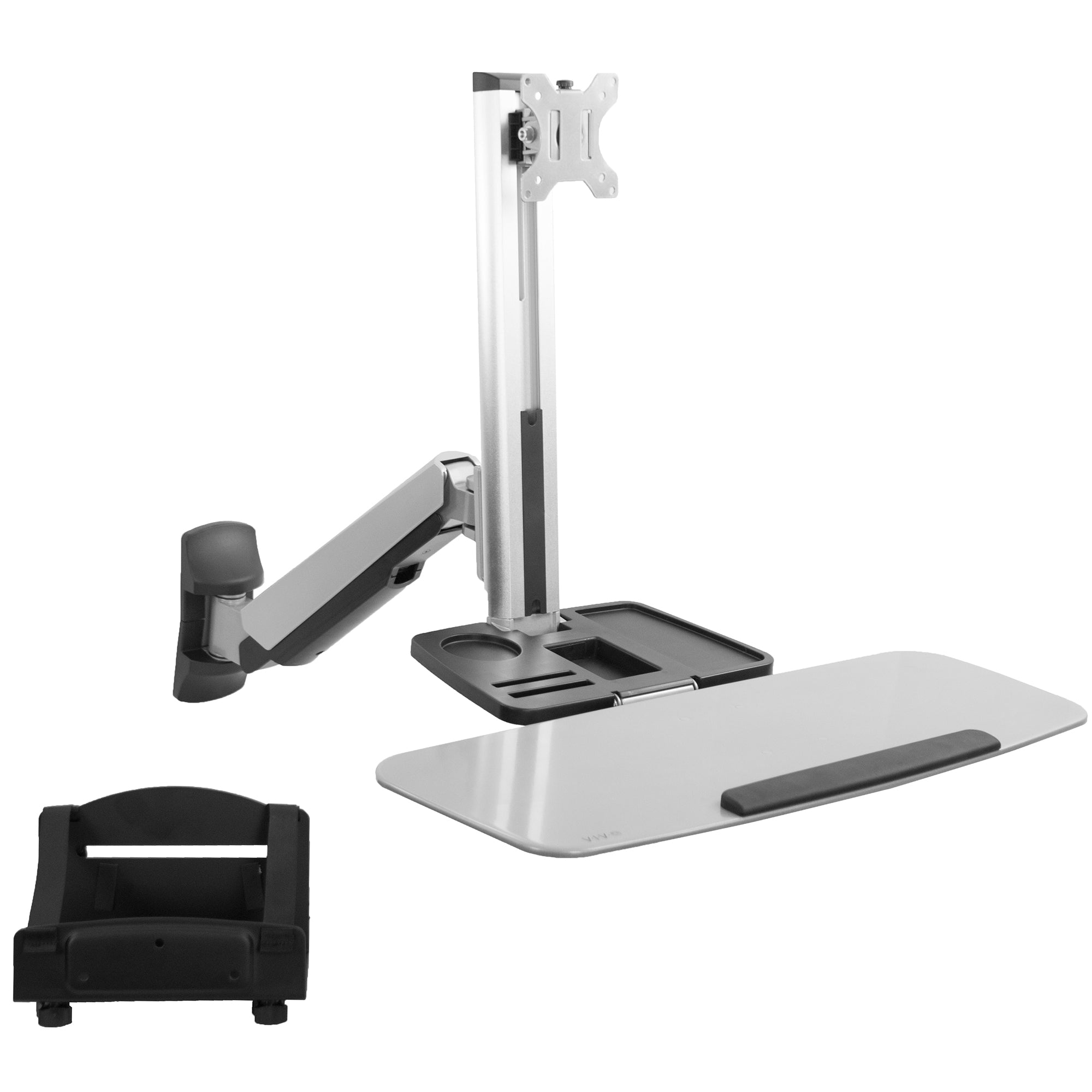 Sturdy silver ergonomic single monitor sit to stand wall mount workstation with keyboard tray.