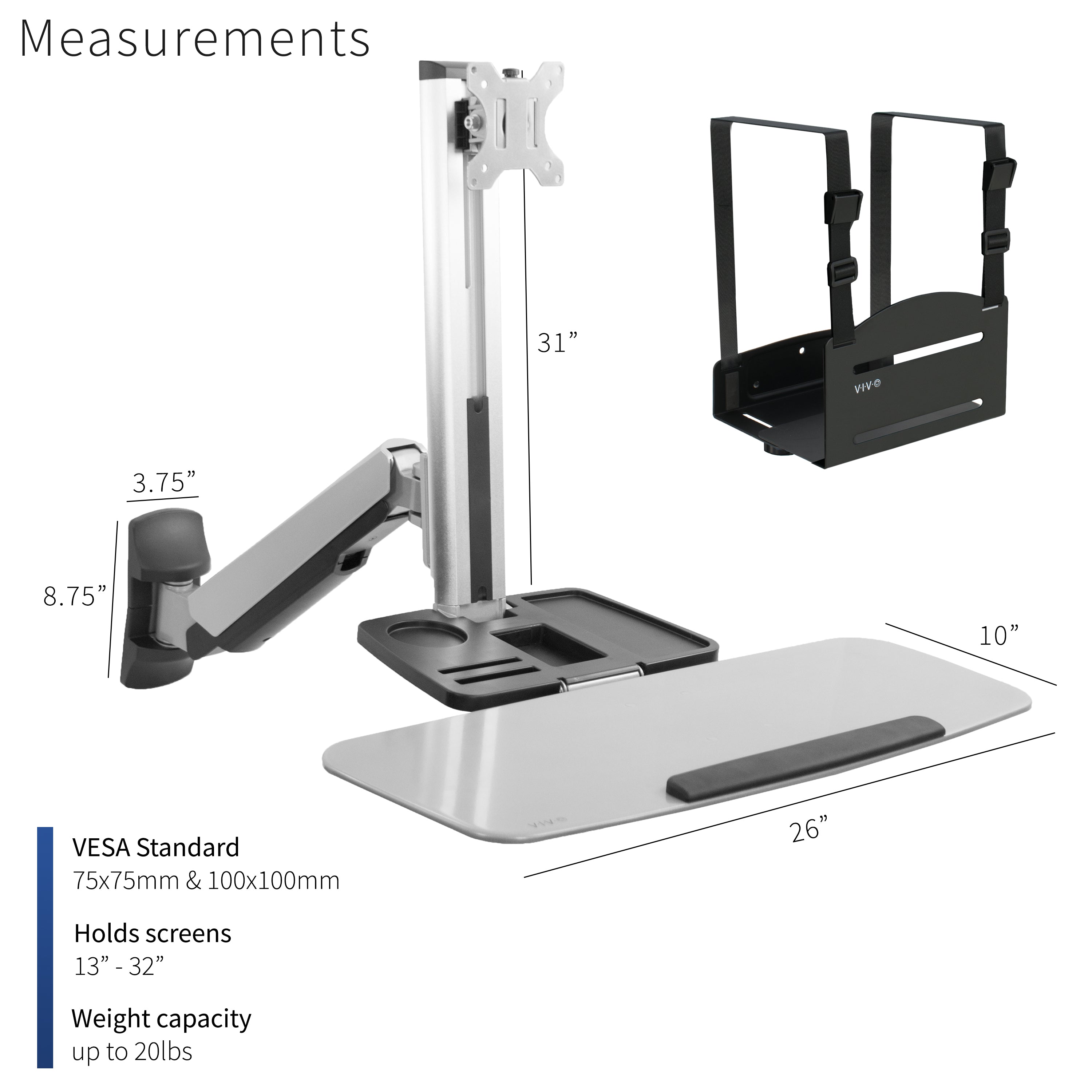 Sturdy silver ergonomic single monitor sit to stand wall mount workstation with keyboard tray.