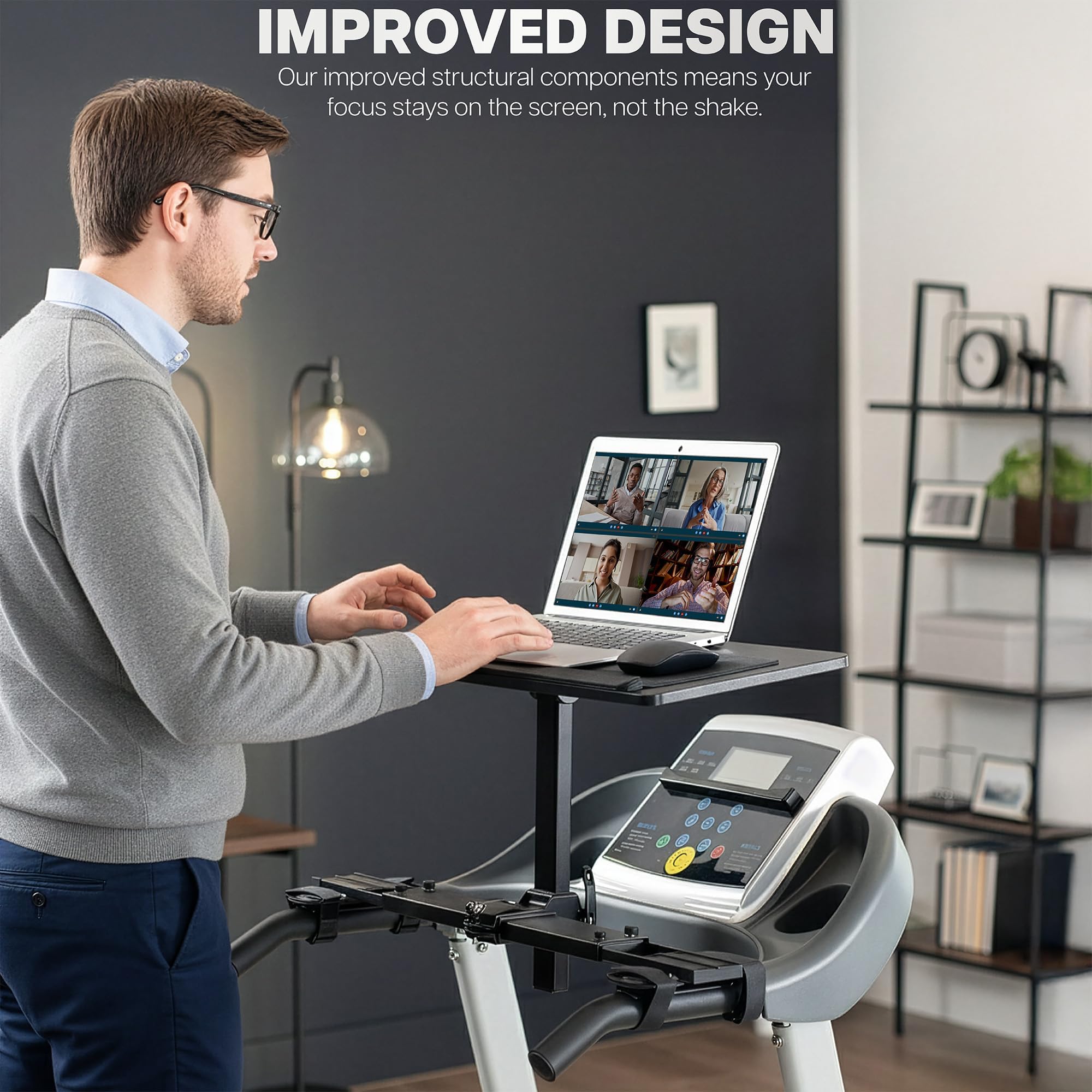 Man using a laptop on a treadmill with text about improved design.