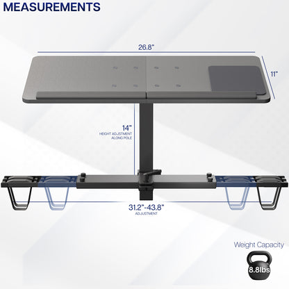 Measurement chart of an adjustable treadmill desk with dimensions and weight capacity displayed.