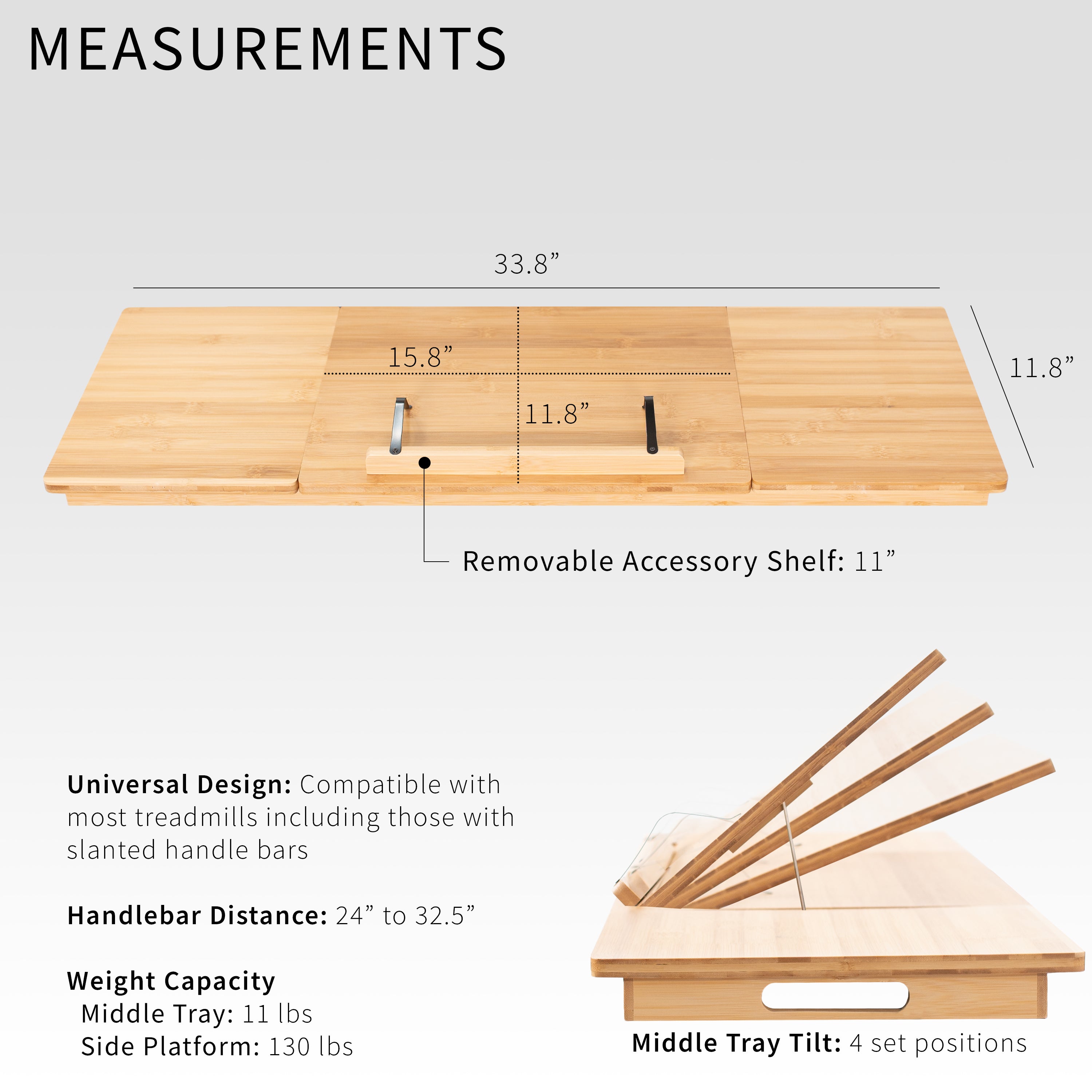 Bamboo tilting laptop desk for treadmill with heavy duty side shelves and easy installation.