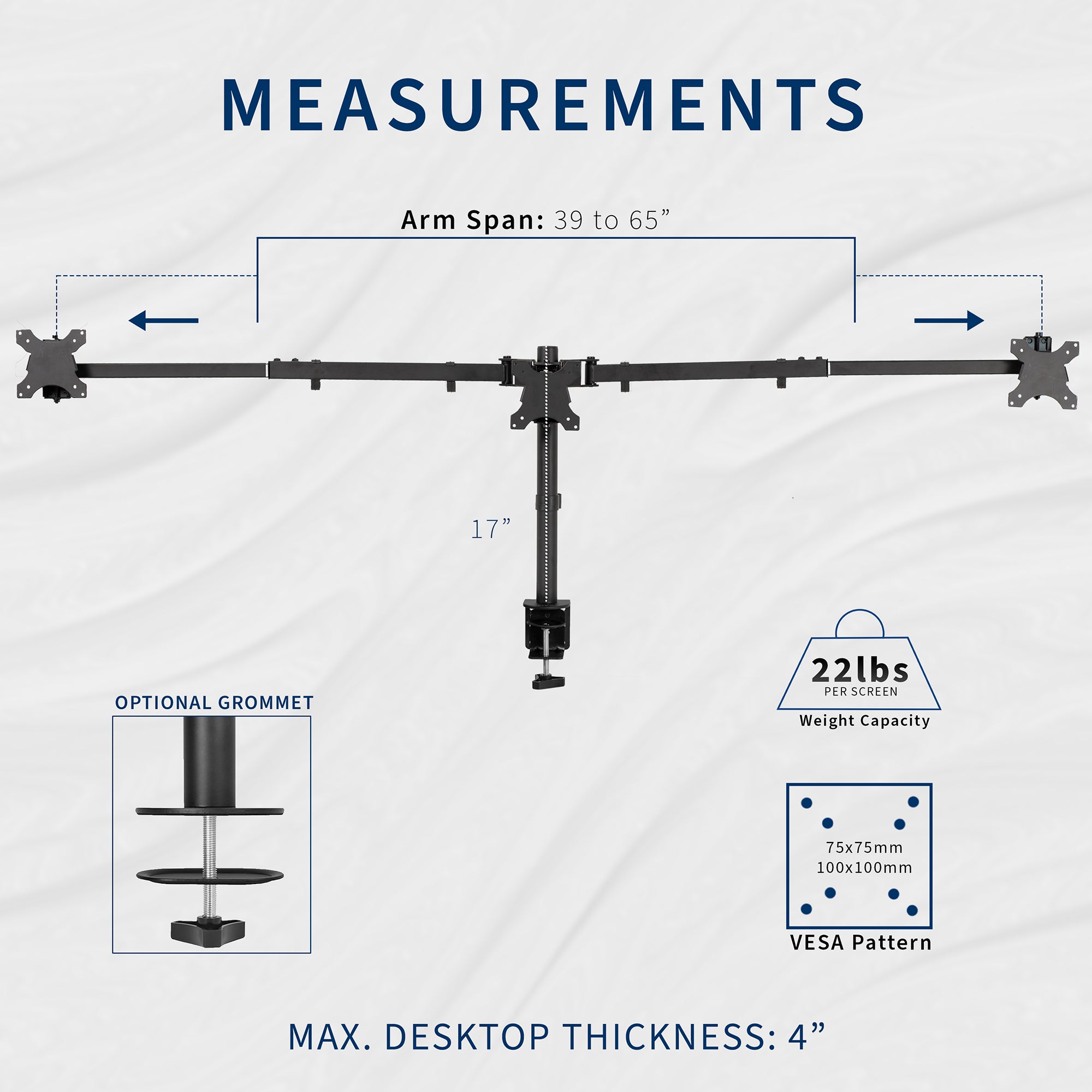 Telescoping Triple Monitor Desk Mount, Heavy Duty Flush-to-Wall Stand