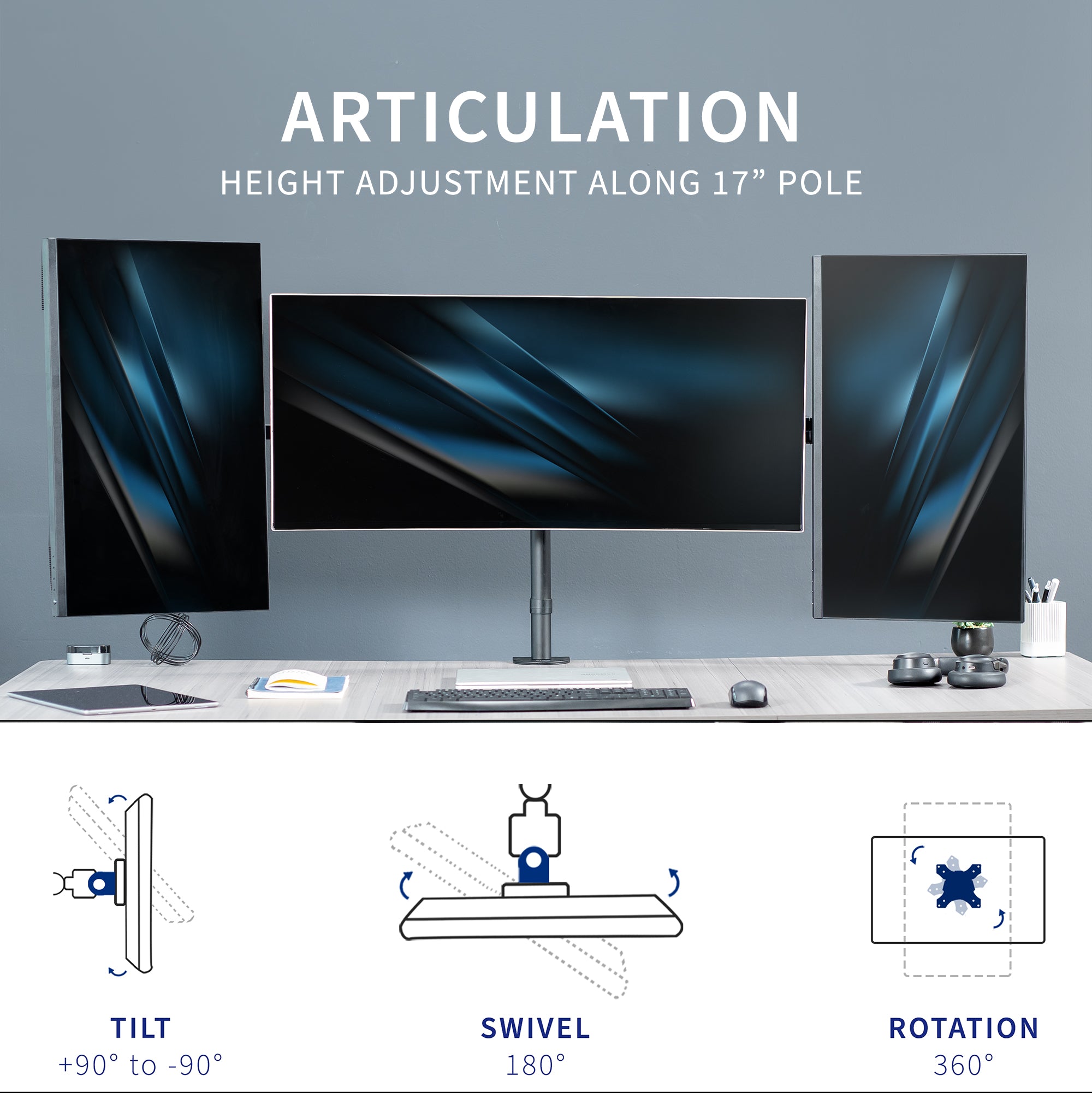 Telescoping Triple Monitor Desk Mount, Heavy Duty Flush-to-Wall Stand