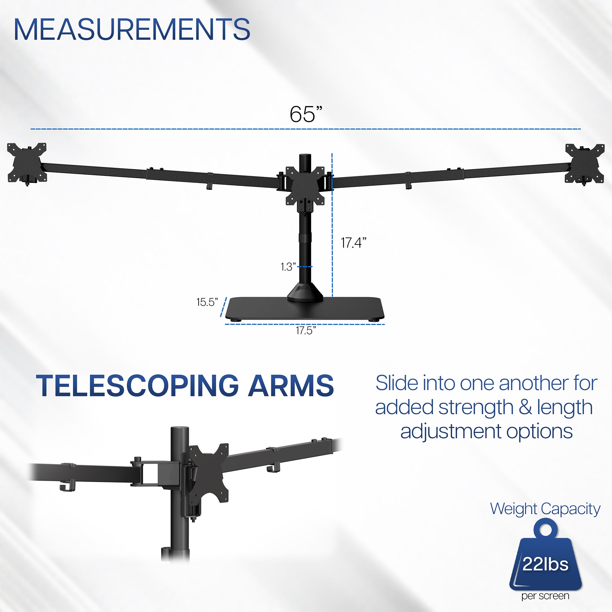 Telescoping arms monitor stand with measurements and weight capacity on a white background