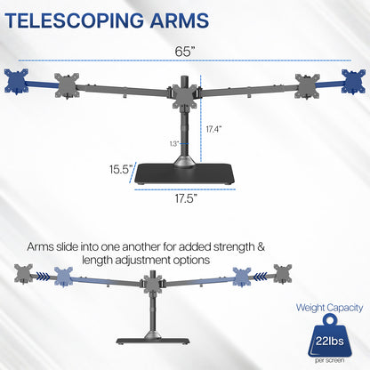 Telescoping arms monitor stand with measurements and weight capacity on a white background