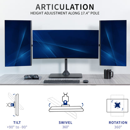 Monitor with articulation features on a desk setup, including tilt, swivel, and rotation.