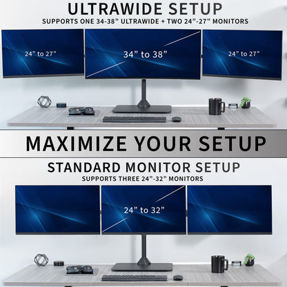 Two setups of computer monitors with text indicating support for different monitor sizes.