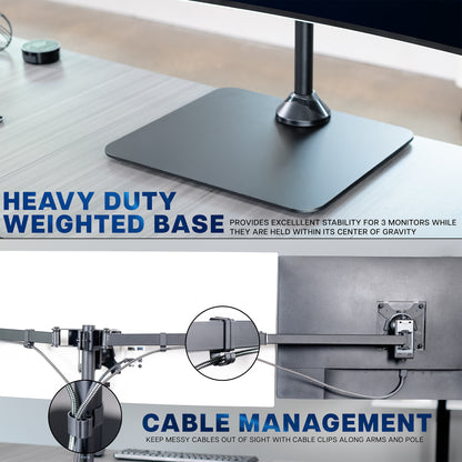 Heavy-duty weighted base and cable management system for multiple monitors on a desk.