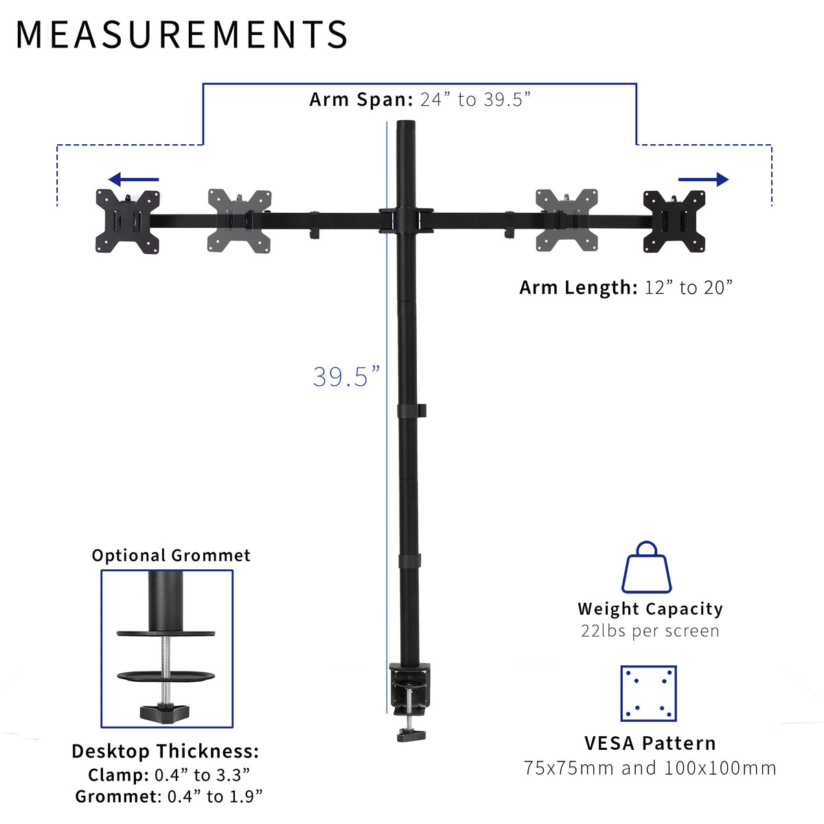Measurement diagram for a black multi-monitor stand with arm span 24" to 39.5", arm length 12" to 20", and a total height of 39.