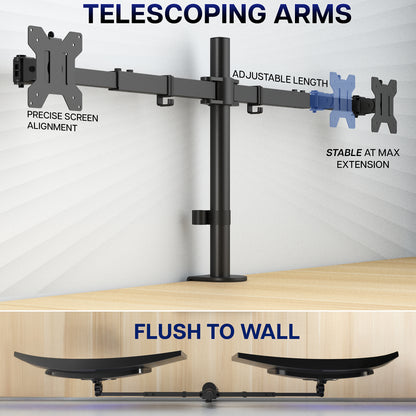 Monitor stand with telescoping arms and adjustable length on a wooden desk surface and white wall background.