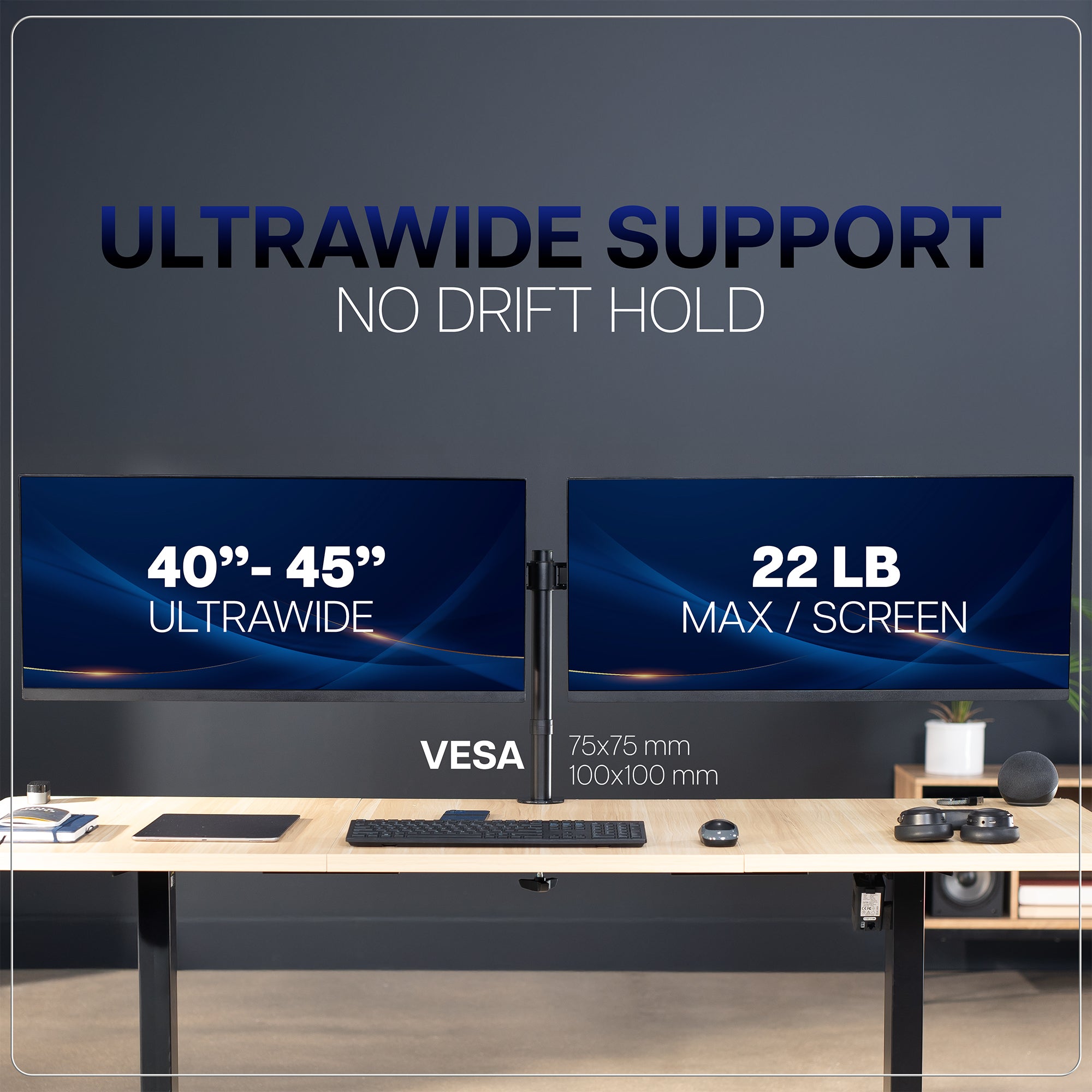 Computer setup with ultrawide monitors on a desk, emphasizing support and specifications.