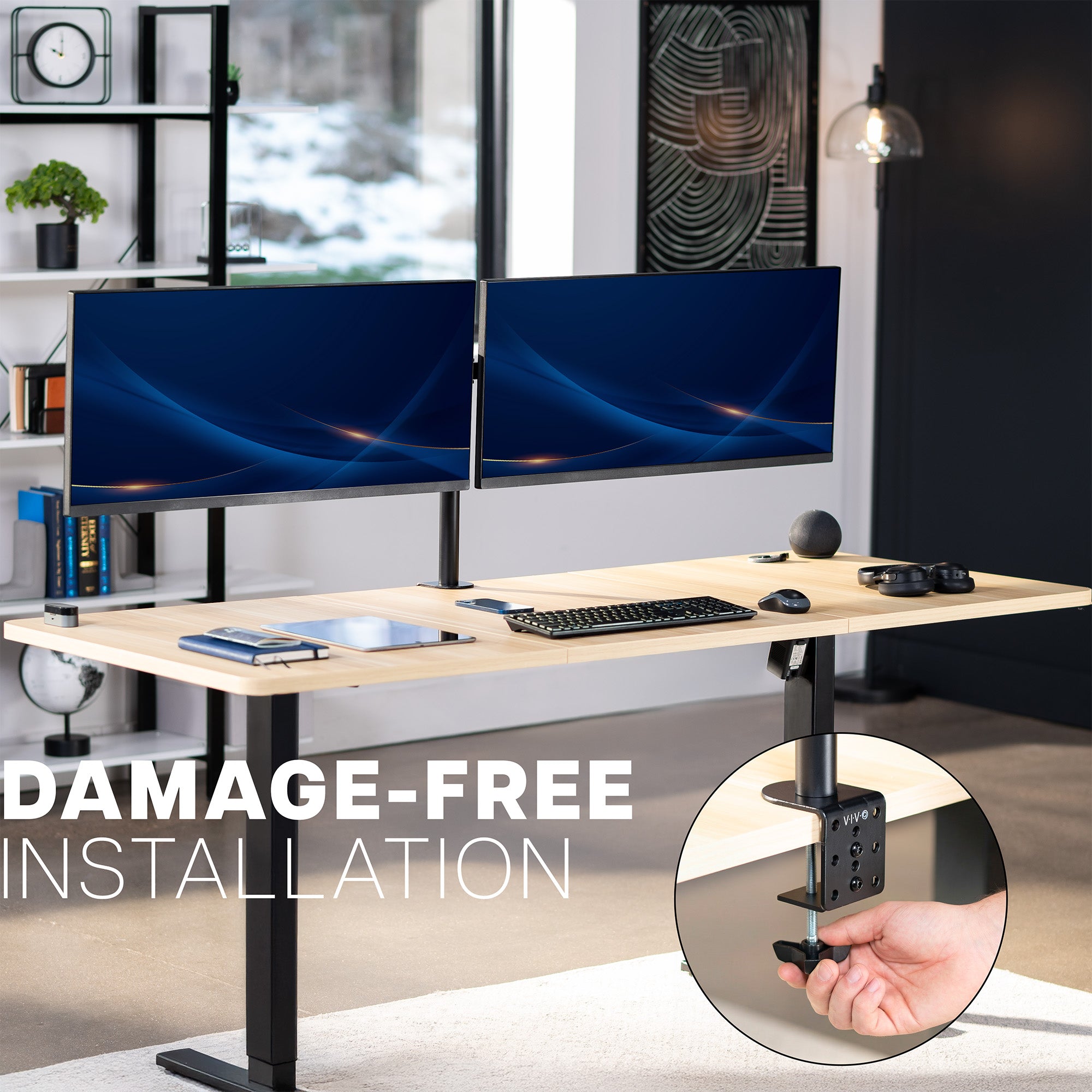 Modern office setup with a desk, dual monitors, and office supplies in a home office.