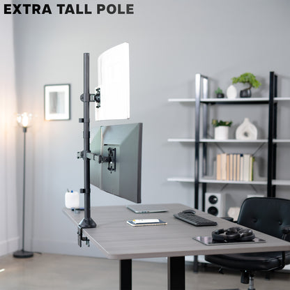 Modern office setup with a desk, computer monitor, and extra tall pole.