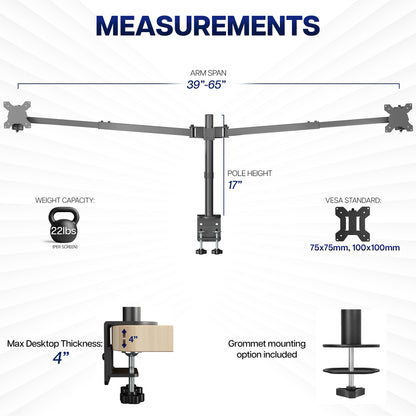 Measurement chart for a Telescoping Dual Ultrawide Monitor Desk Mount with various specifications on a white background.