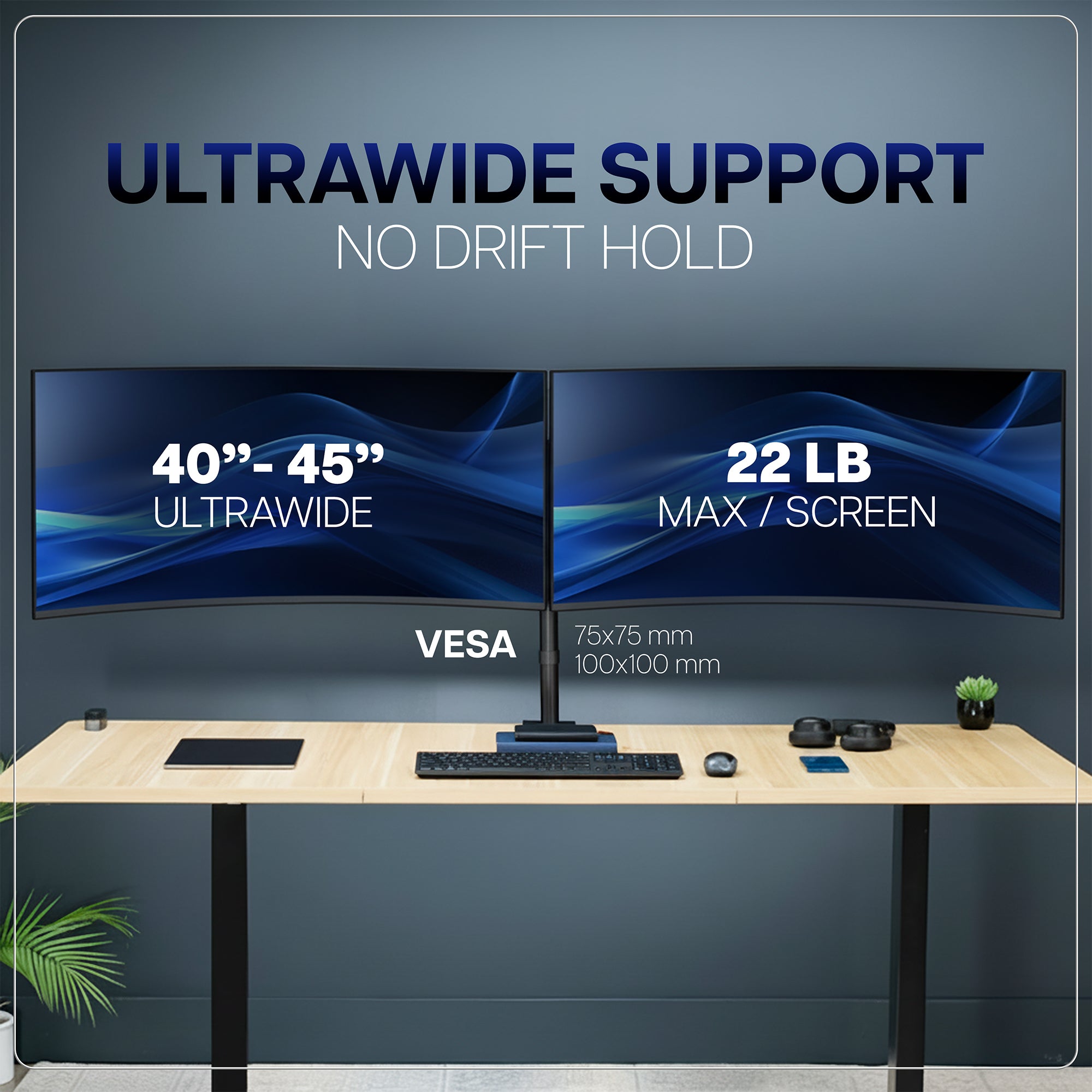 Telescoping Dual Ultrawide Monitor Desk Mount shown with two monitors on desk with text about ultrawide support and screen weight.