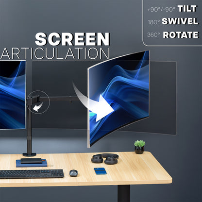 Monitors displayed on a Telescoping Dual Ultrawide Monitor Desk Mount with screen articulation features highlighted