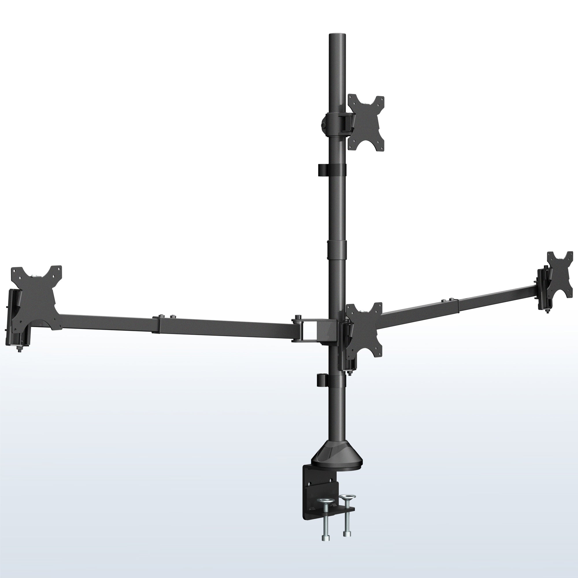Black monitor stand with dual arm design on a white background