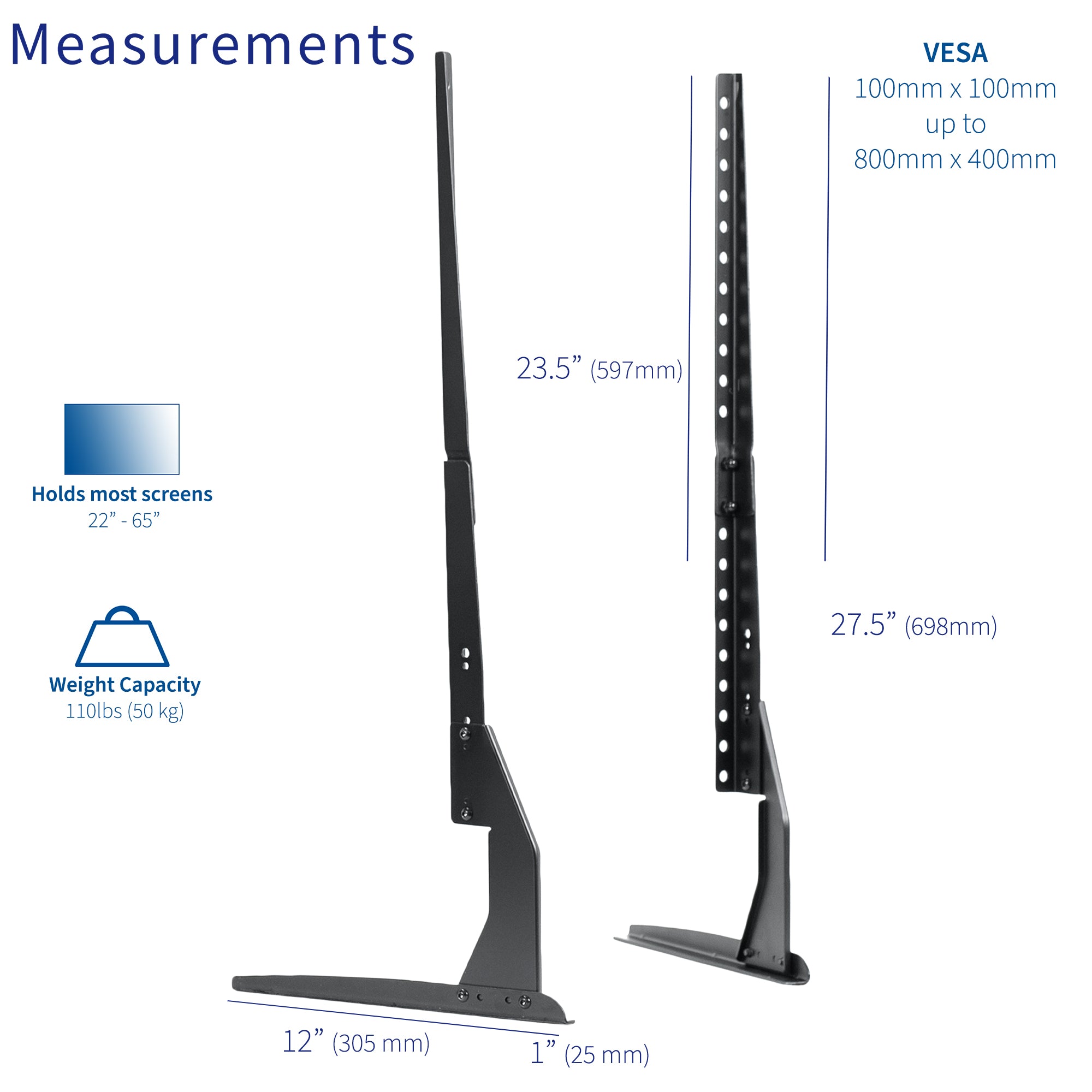 Measurement chart of a TV stand with dimensions and capacity details.