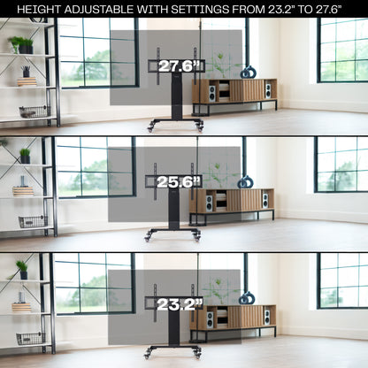 A low height mobile TV cart with a black frame and wheels with different height adjustment settings.