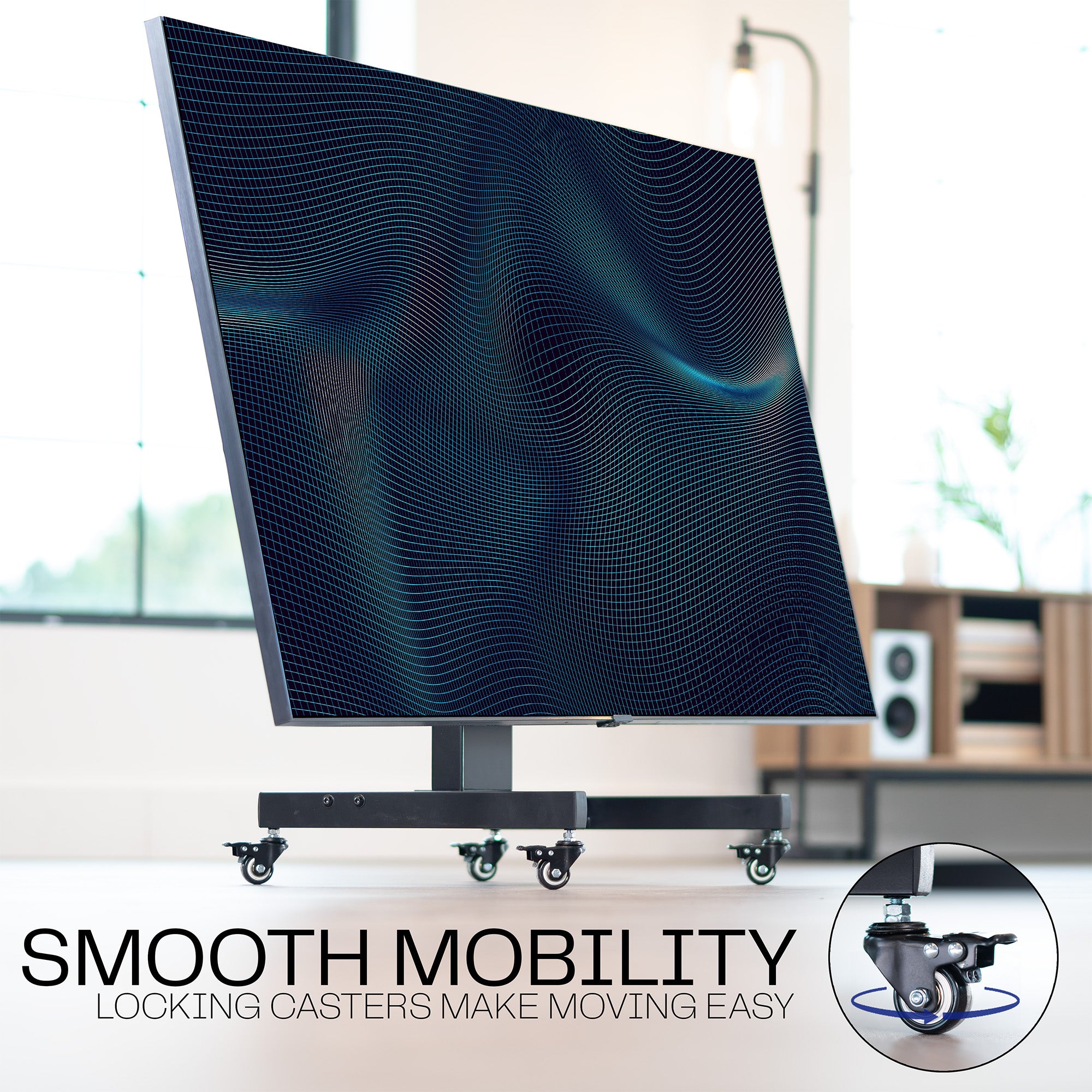 A low height mobile TV cart with a black frame and wheels with text on mobility. 