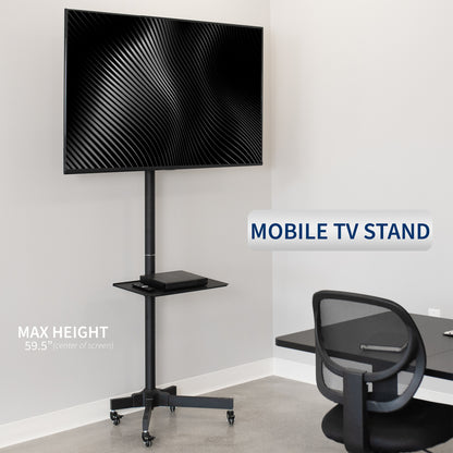 Mobile TV cart displays large screen on rolling stand for ergonomic viewing.