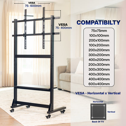 TV Heavy Duty Mobile TV Cart with Storage Shelf VESA compatibility