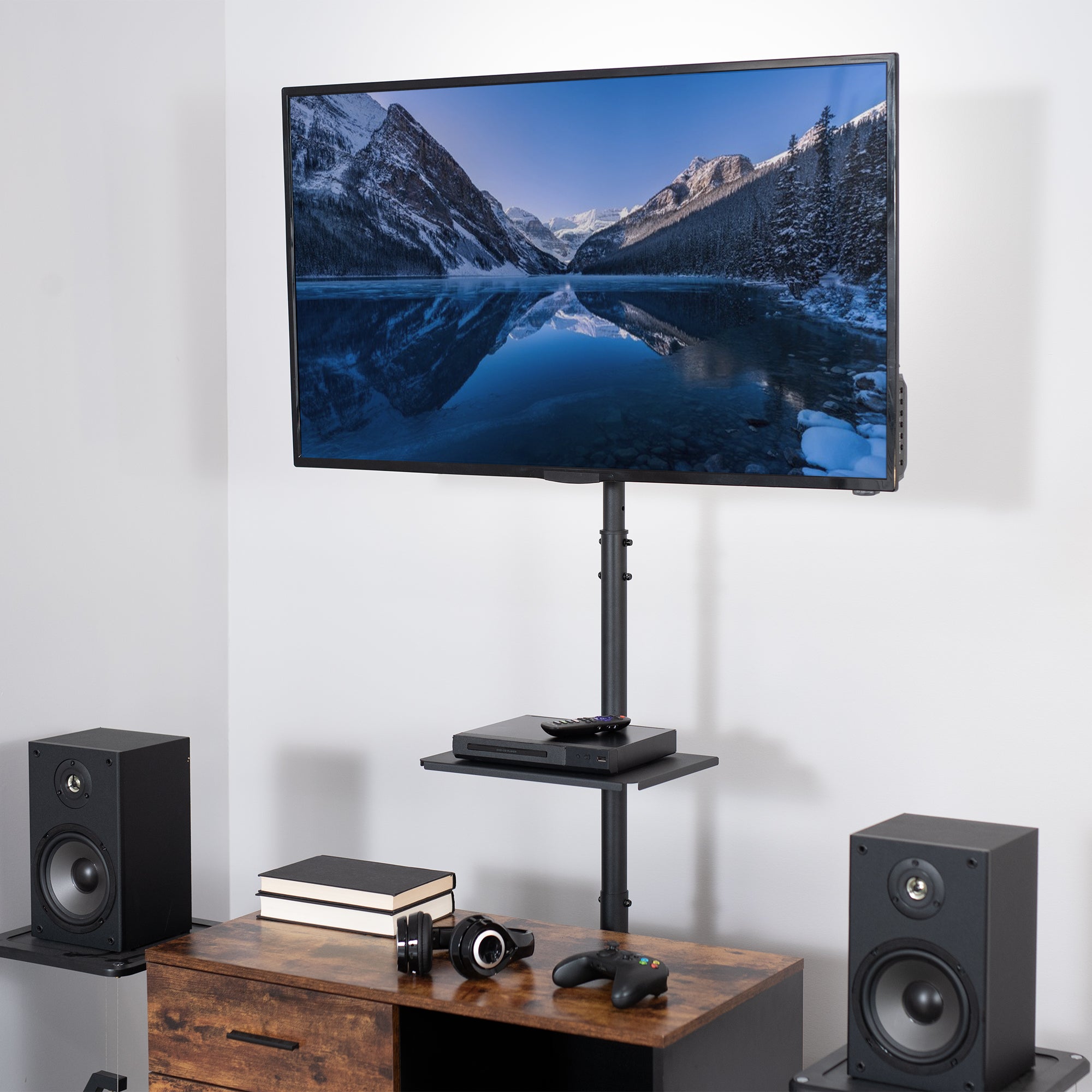 Extra tall tilting height adjustable TV stand with media shelf.