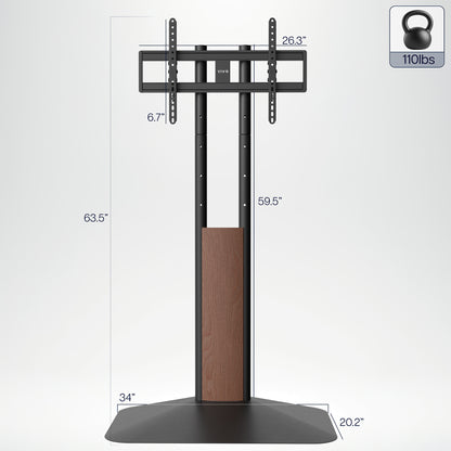 TV stand with dimensions and weight capacity indicator on a white background