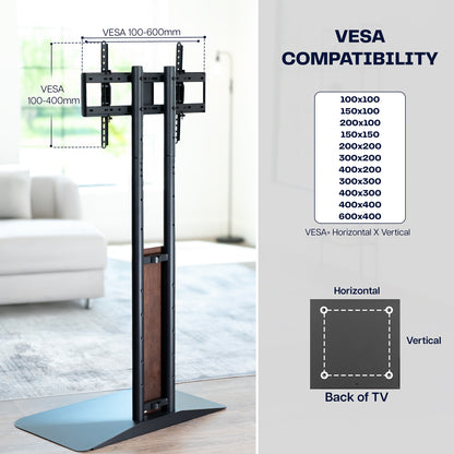 TV stand with VESA compatibility diagram in a living room setting
