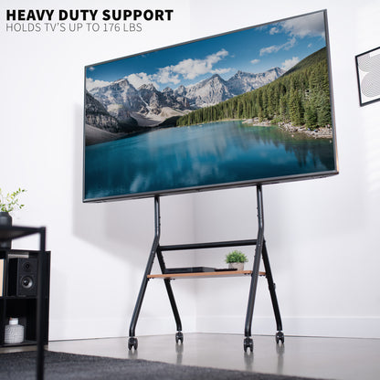 Mobile Heavy-Duty Height Adjustable Studio TV Cart for large screens that can be used in the home and office.